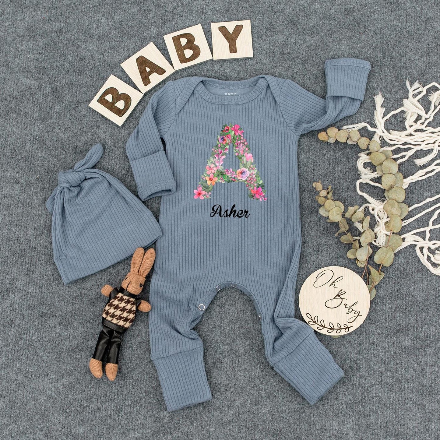 Clara Floral Wreath Personalized Baby Bodysuit & Hat Set, Police Car Outfit, Newborn Girl Clothes, Custom Name Gift, Sweet Infant Coming Home Outfit 138