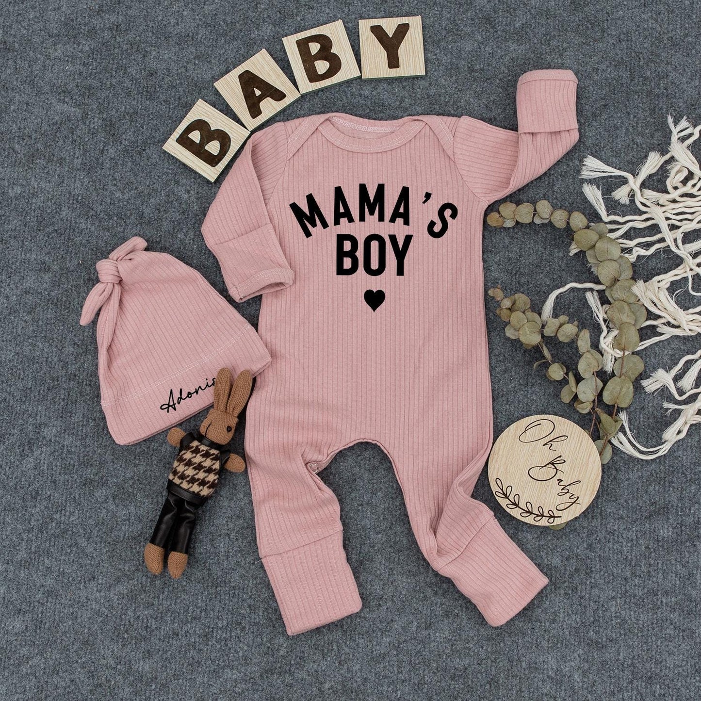 Mama's Boy Newborn Outfit Custom Name Hat Set, Modern Infant Bodysuit, Sweet Baby Shower Gift, Personalized Boy Clothes, Pregnancy Announcement 138