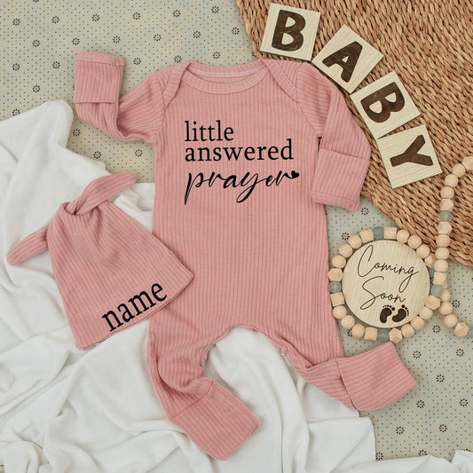 Little Answered Prayer Bodysuit & Hat Set Newborn Going Home Outfit Baby Shower Gift Spiritual Baby Blessing