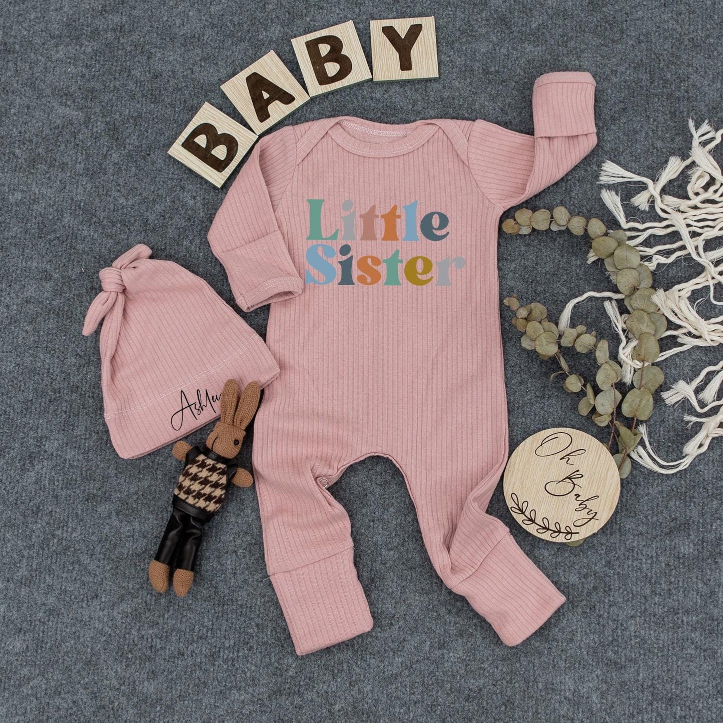 Custom Little Sister Baby Bodysuit Hat Newborn Girl Sibling Clothes Pregnancy Announcement Gift Playful Orange Blue Design