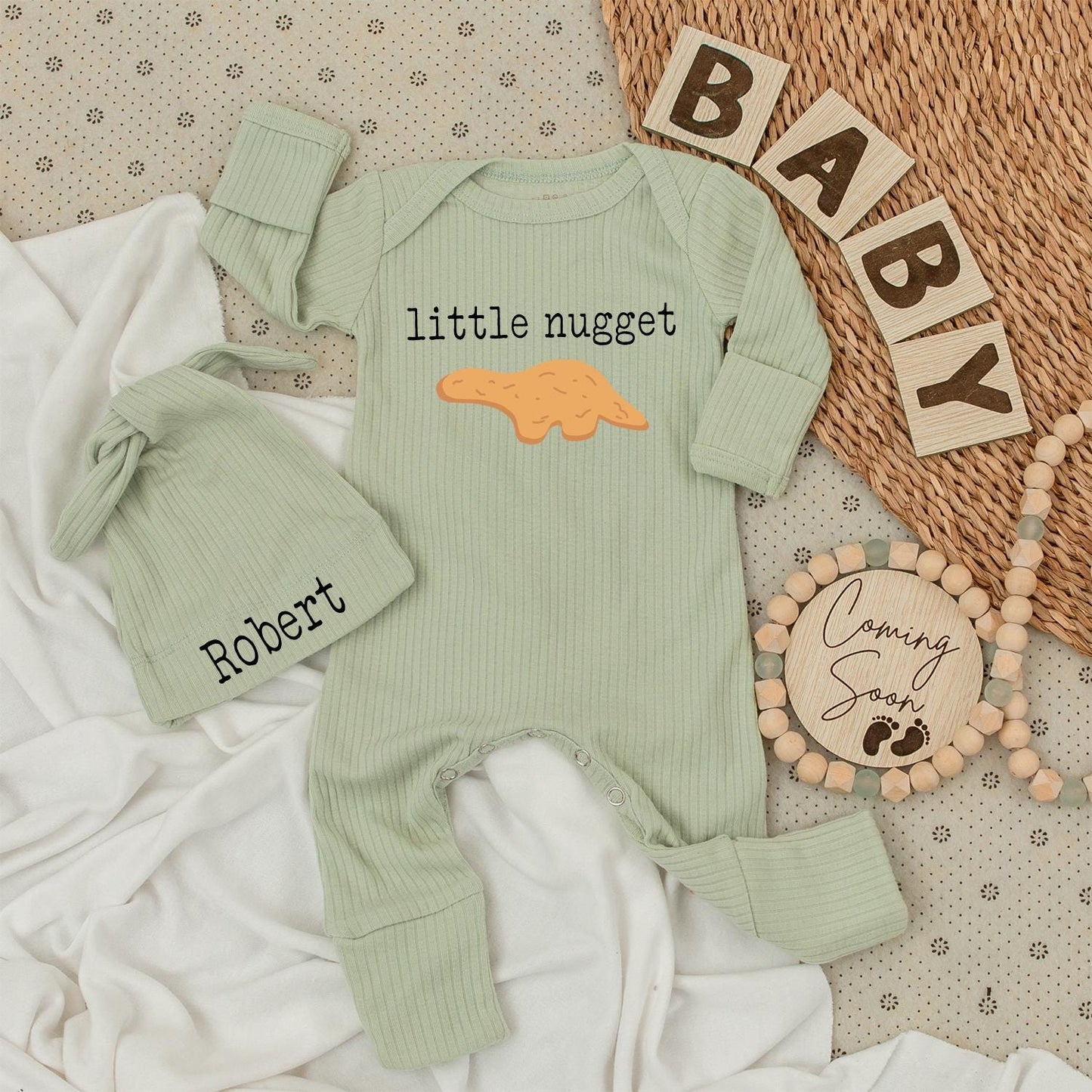 Little Nugget Dinosaur Baby Bodysuit & Hat Set, Personalized Robert Newborn Outfit, Baby Boy or Girl Sleepsuit, Custom Baby Shower Gift