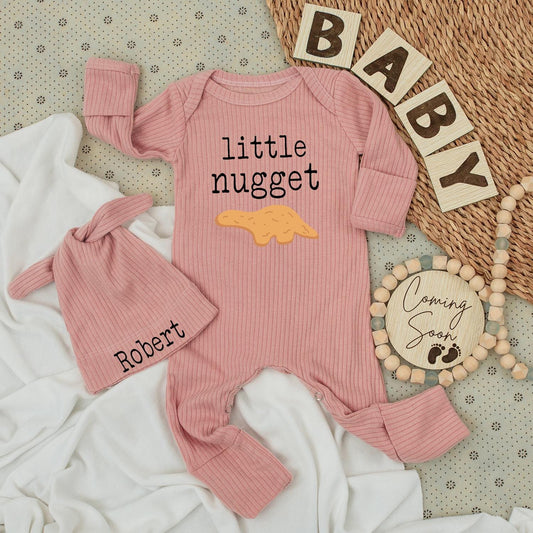 Little Nugget Dinosaur Baby Bodysuit & Hat Set Pale Yellow Minimalist Cartoon Cute Newborn Outfit Going Home
