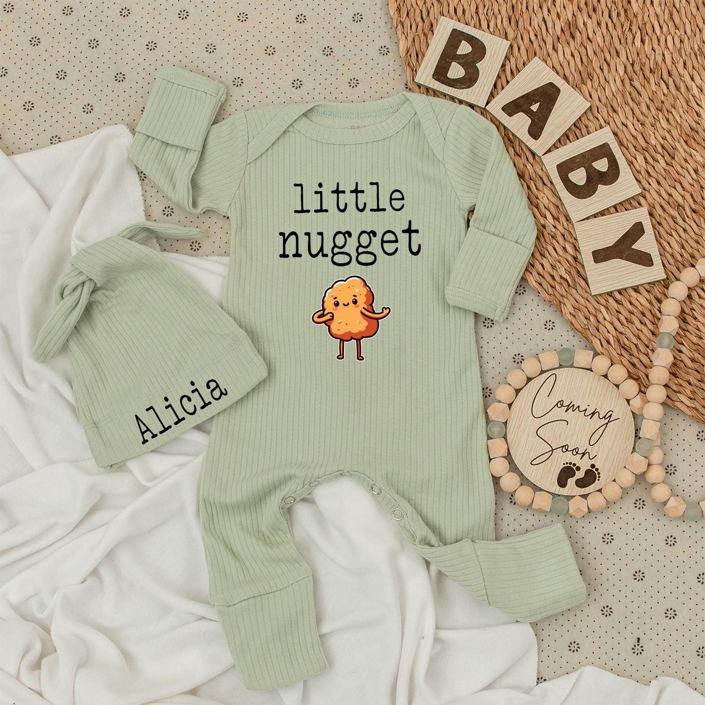 Little Nugget Personalized Baby Bodysuit & Hat Set, Custom Name Alicia Chicken Newborn Outfit, Cute Shower Gift, Comfy Cotton Bodysuit, Long Sleeve 139