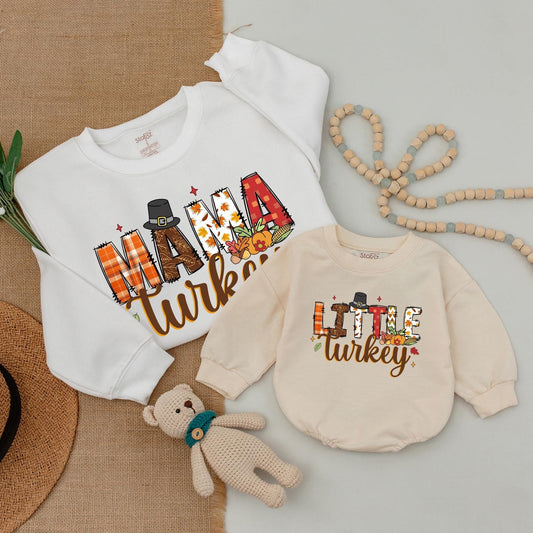 Matching Family Turkey Sweatshirt Pilgrim Hat Autumn Fall Icons Daddy Mama Little Thanksgiving Group Outfits Cozy Festive Apparel