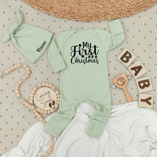 My First Christmas Baby Long Sleeve Romper Black Print Teddy Bear Star Design Soft Going Home Outfit for Newborn Boys Girls Gender Neutral Holiday Gift