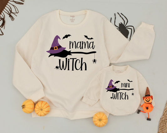 Mama Witch & Mini Witch Retro Halloween Matching Sweatshirts