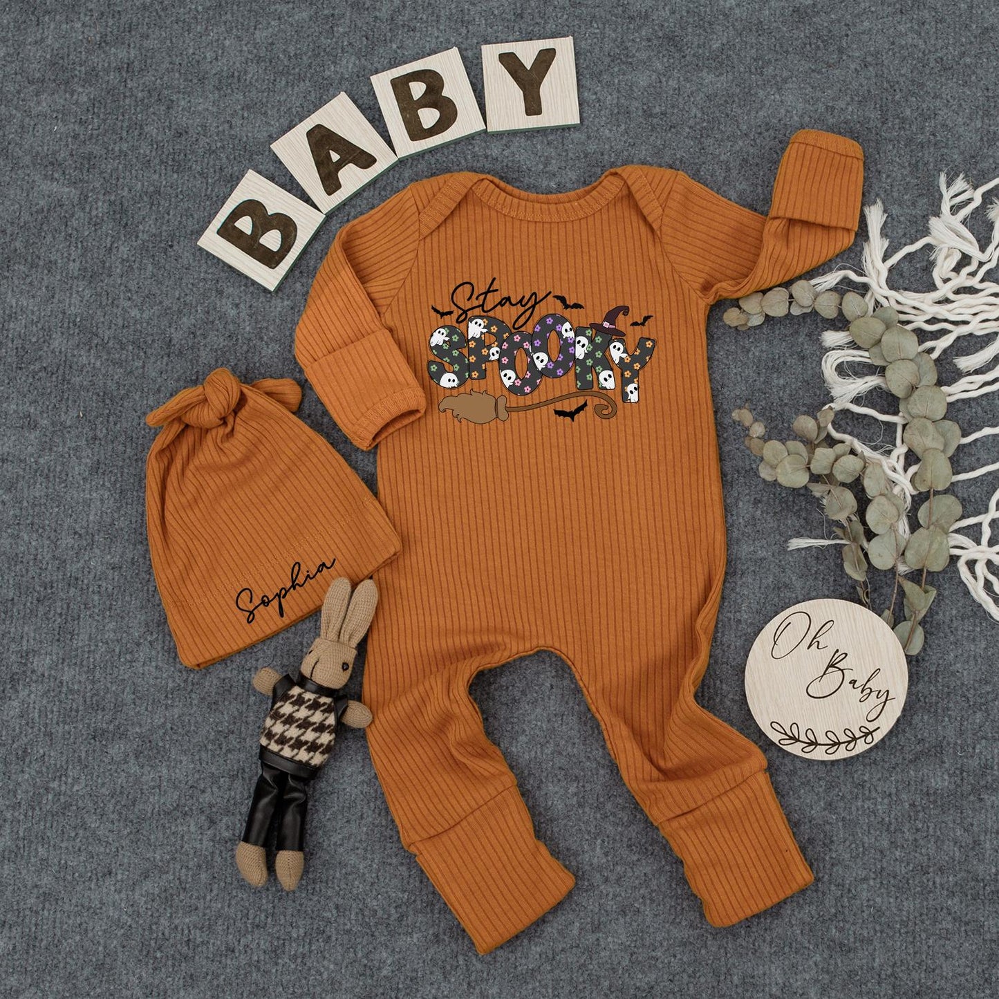 Stay Spooky Halloween Baby Outfit Set - Custom Bodysuit & Hat for Newborns! Cute Ghost & Witch Design Boho Clothes & Baby Gifts