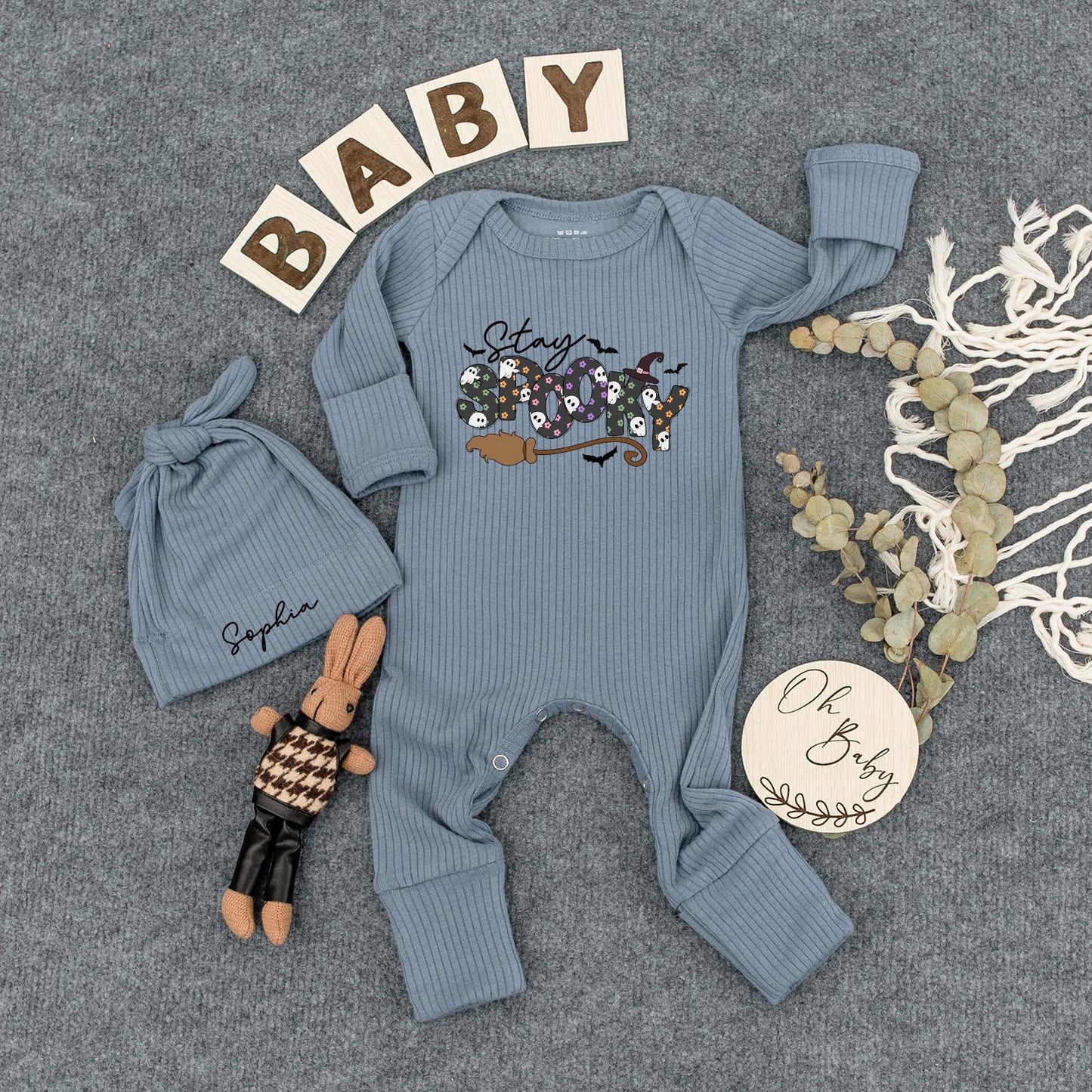 Stay Spooky Halloween Baby Outfit Set - Custom Bodysuit & Hat for Newborns! Cute Ghost & Witch Design Boho Clothes & Baby Gifts