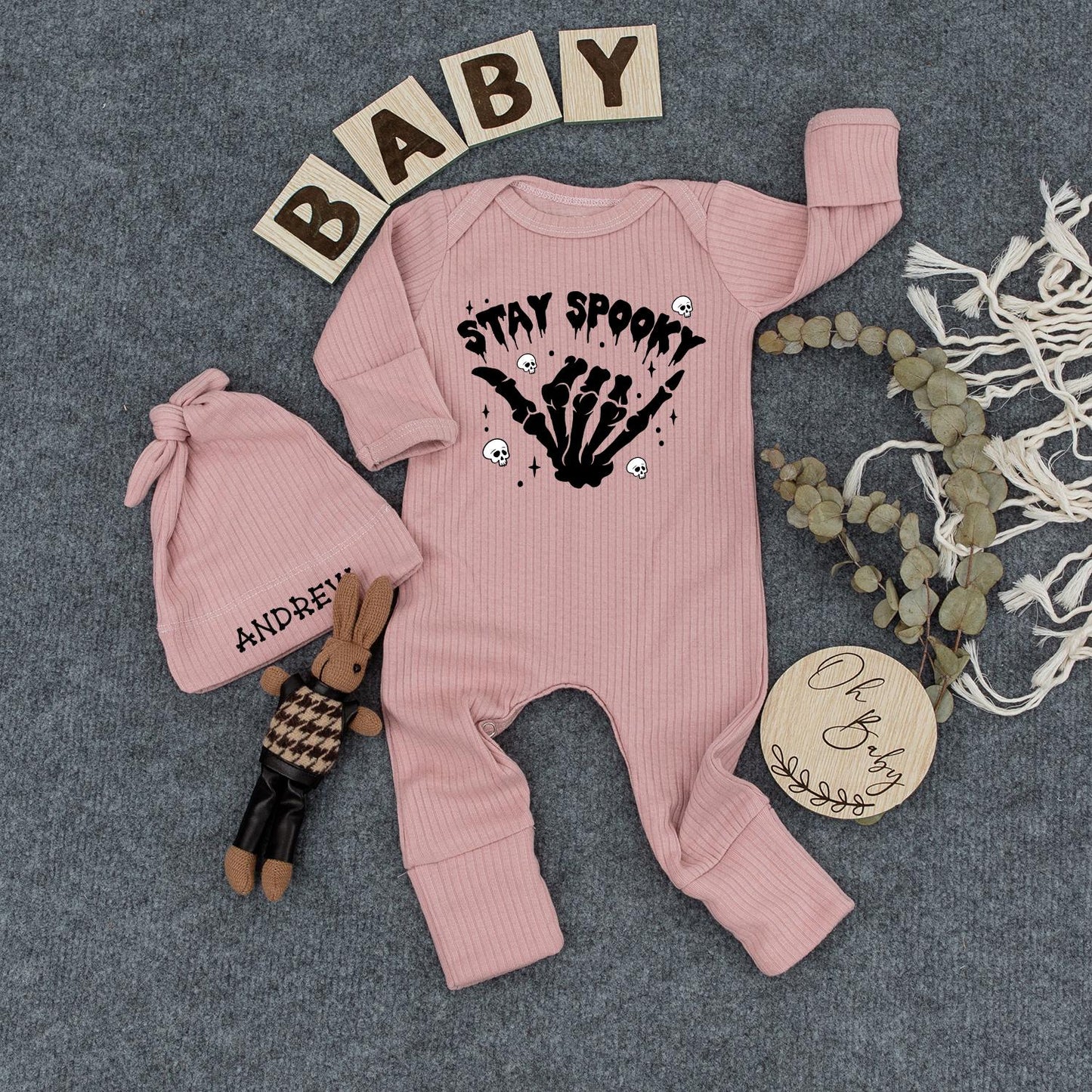 Stay Spooky Baby Bodysuit & Hat Set, Halloween Outfit Newborn Gift, Cute Witch Romper, Infant Clothes, Black Skeleton Hand Design Party, Unisex, Mom Gift