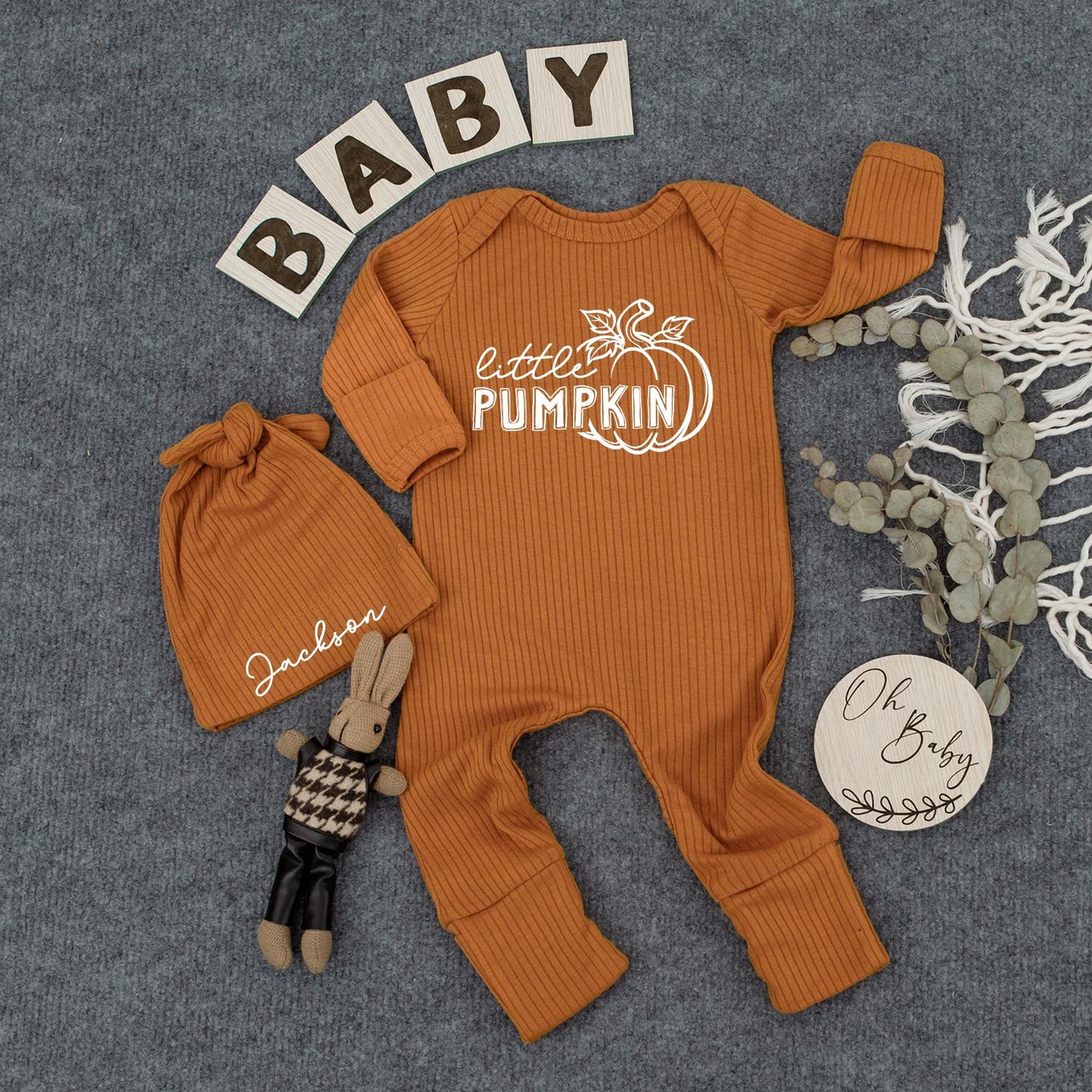 Personalized Little Pumpkin Baby Bodysuit & Hat Set Custom Name Jackson Newborn Outfit Fall Announcement Coming Home Shower Gift Long Sleeve 136