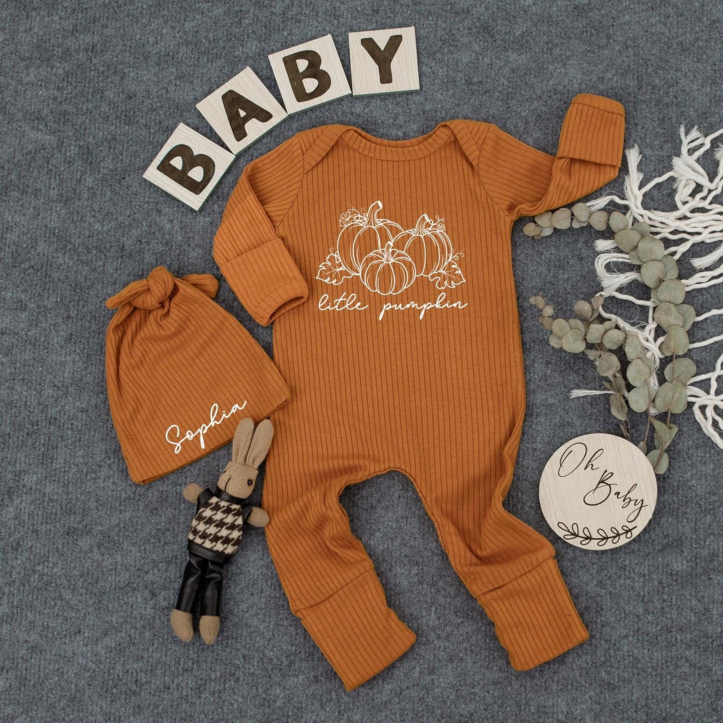 Cute Little Pumpkin Outline Bodysuit Hat Set Baby Shower Gift Newborn Coming Home Long Sleeve Fall Outfit