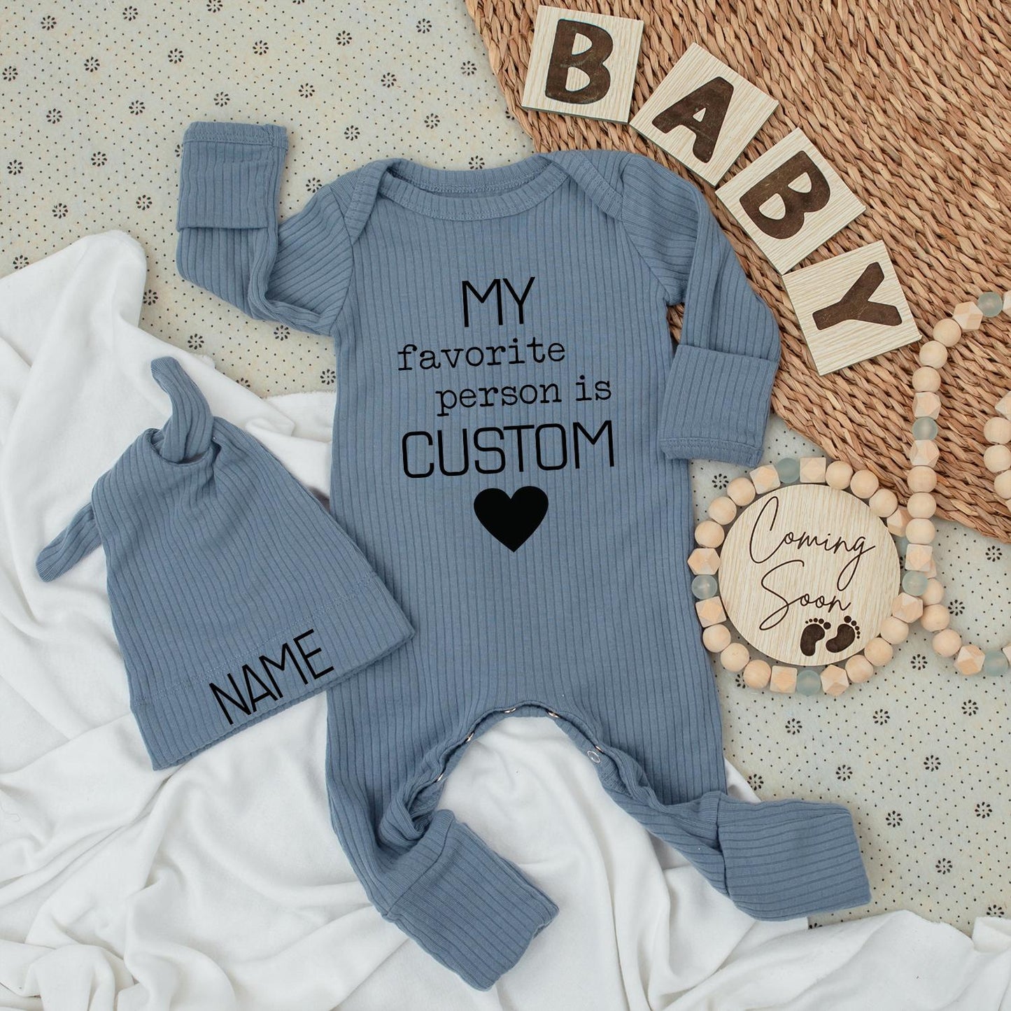 My Favorite Person is Custom Baby Bodysuit & Hat Set Black Heart Name Brim for Grandparents Aunt Uncle