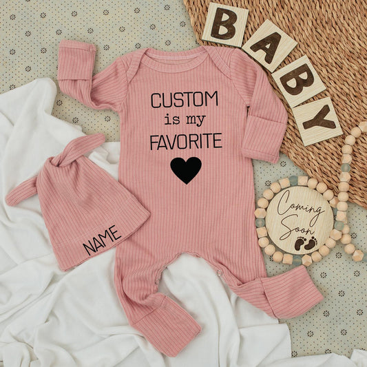 Custom is my FAVORITE Baby Bodysuit & Hat Set - Personalized Name Announcement Gift for New Baby Boy or Girl Romper