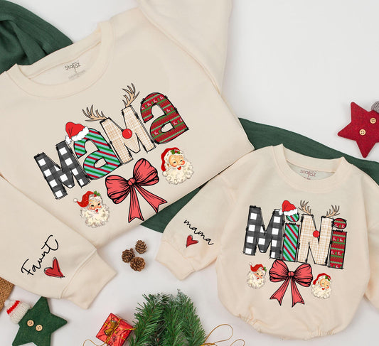 Mama and Mini Matching Christmas Sweatshirts, Buffalo Plaid Holiday Outfits for Mom, Daughter, Baby, Vintage Santa, Red Bow Whimsical Matching Family Set (140 chars)