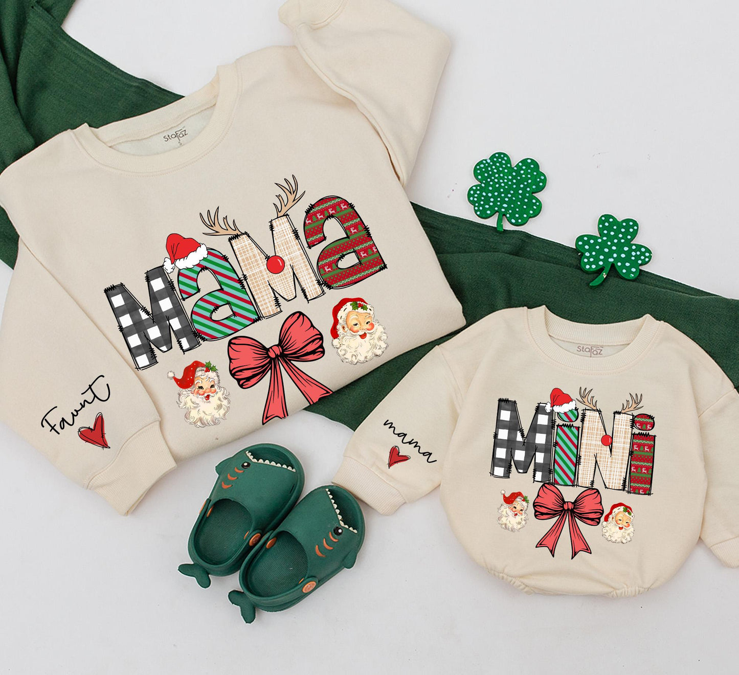 Mama and Mini Matching Christmas Sweatshirts, Buffalo Plaid Holiday Outfits for Mom, Daughter, Baby, Vintage Santa, Red Bow Whimsical Matching Family Set (140 chars)