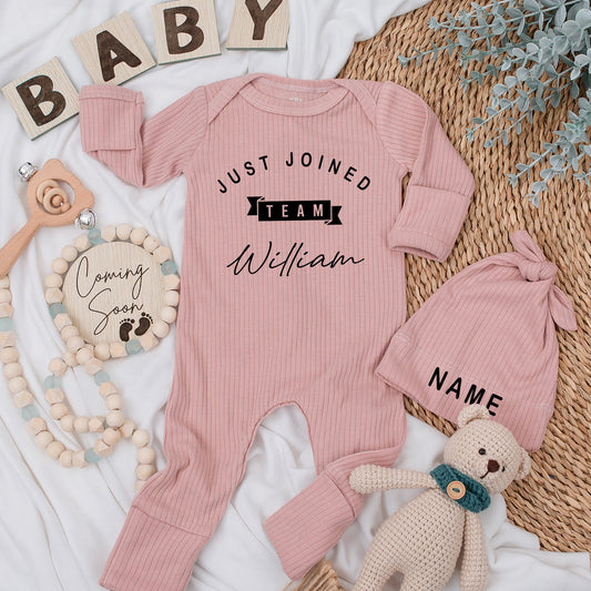 Just Joined Team Baby Bodysuit Custom Announcement Gift Modern Black Text Curved 'Just Joined' Banner 'William' Personalized New Baby Clothes