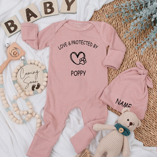 Love & Protected By Dog Bodysuit Personalized with Name Cute Newborn Outfit Boho Baby Clothes Modern Puppy Paw Print Romper Gift Besties Shower Gift Poppy