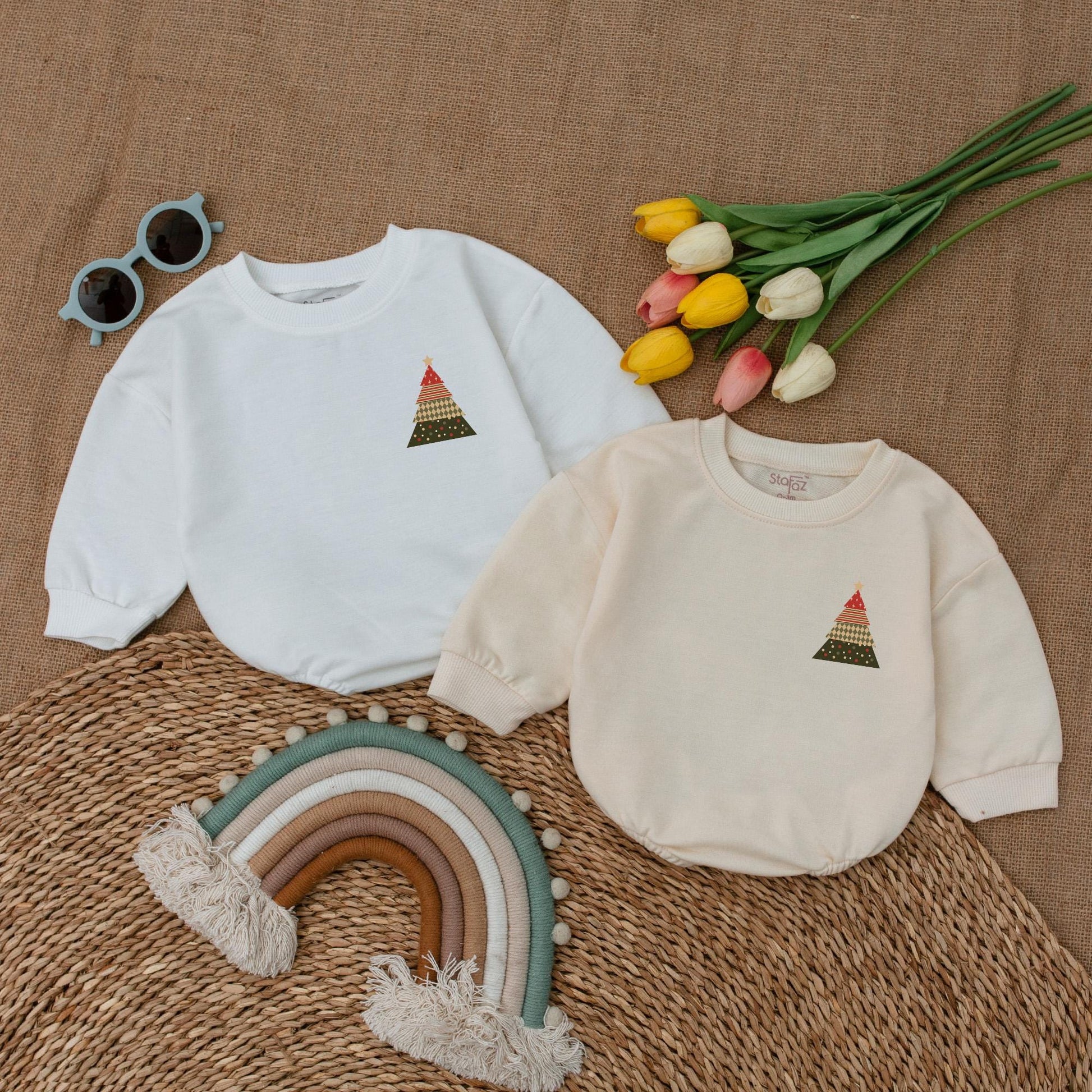 First Christmas Vintage Tree Romper | Baby Holiday Bodysuit Gift