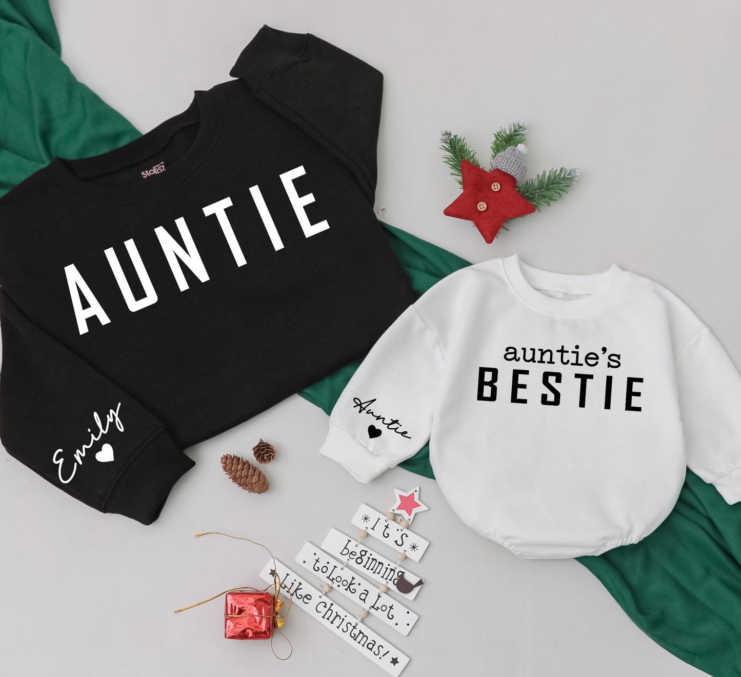 Personalized Auntie's Bestie Matching Romper and Auntie Sweatshirt Set, Custom Name Sleeve, Family Christmas Outfit, Aunt and Niece, Auntie Gift Idea (139 chars)
