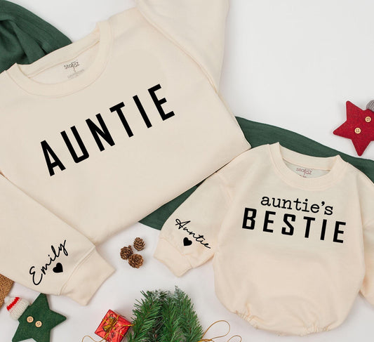 Personalized Auntie's Bestie Matching Romper and Auntie Sweatshirt Set, Custom Name Sleeve, Family Christmas Outfit, Aunt and Niece, Auntie Gift Idea (139 chars)