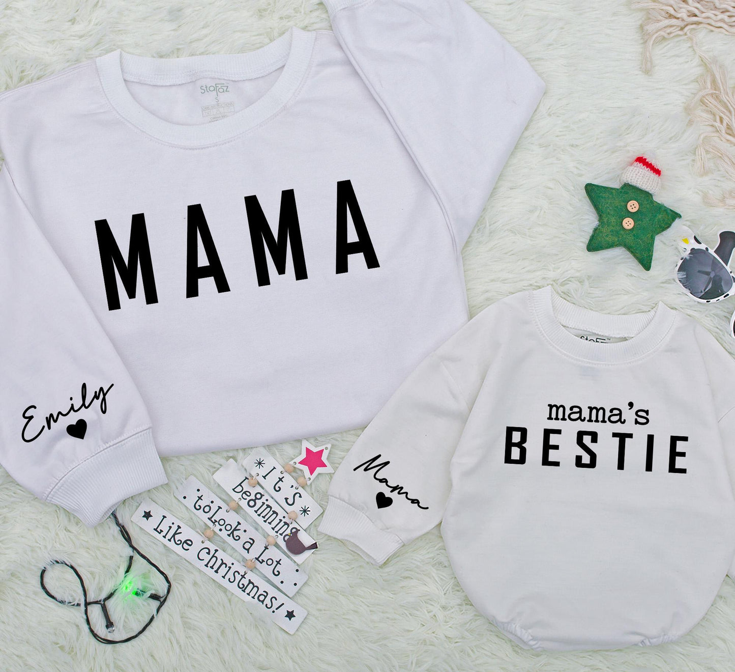Custom Mama & Bestie Matching Sweatshirts with Sleeve Name for Family Holidays and Baby Gifts White Black Modern Playful