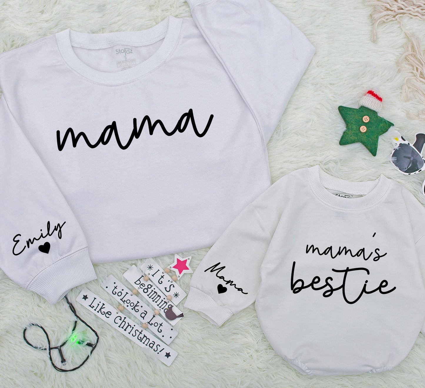 Custom Mama and Bestie Matching Sweatshirt with Name on Sleeve Modern Playful Design Family Gift