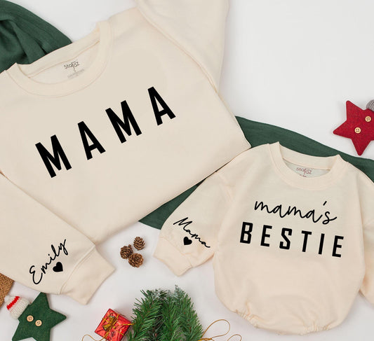 Custom Mama and Baby Bestie Matching Sweatshirt with Name on Sleeve Cozy Cotton Gift for Family Holidays