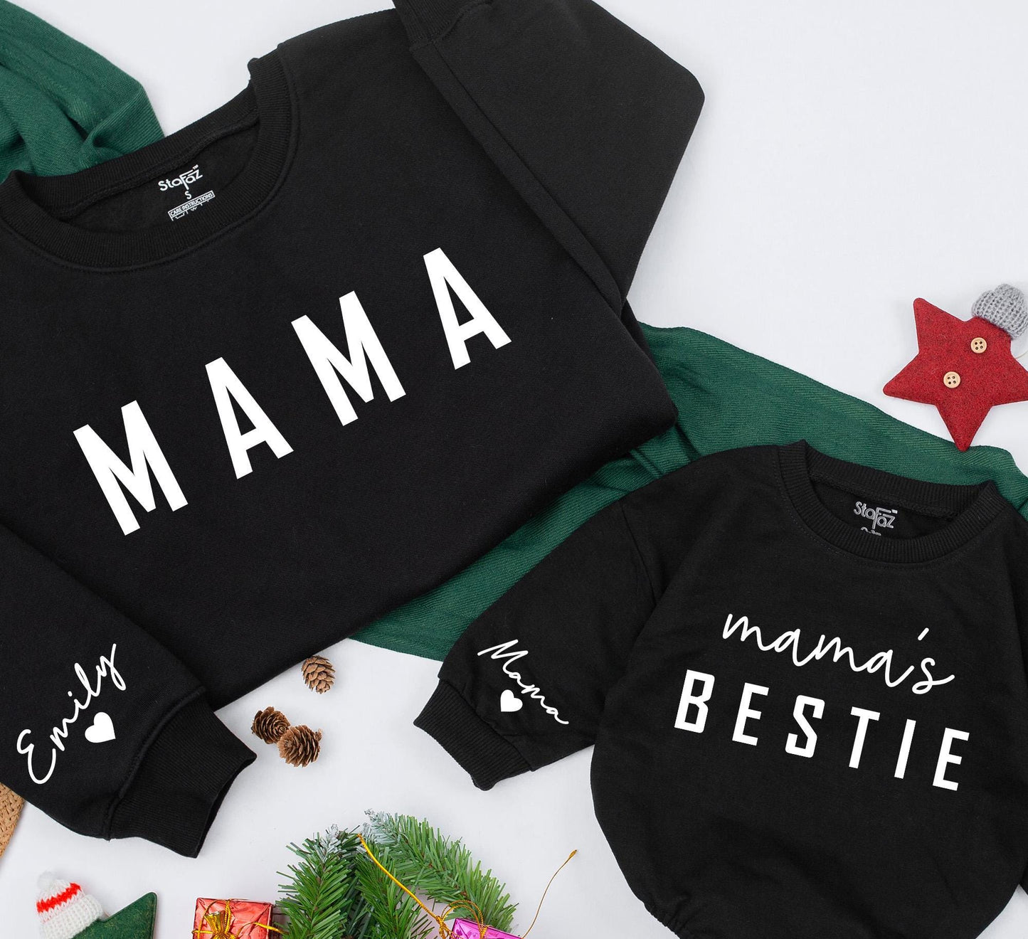 Custom Mama and Baby Bestie Matching Sweatshirt with Name on Sleeve Cozy Cotton Gift for Family Holidays