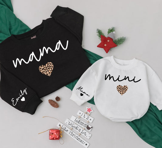 Matching Mama and Mini Leopard Heart Sweatshirts Custom Name Sleeve Detail Soft Mom Daughter Outfit Modern Girl Baby Christmas Gift Outfit 138 Chars