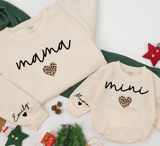 Matching Mama and Mini Leopard Heart Sweatshirts Custom Name Sleeve Detail Soft Mom Daughter Outfit Modern Girl Baby Christmas Gift Outfit 138 Chars