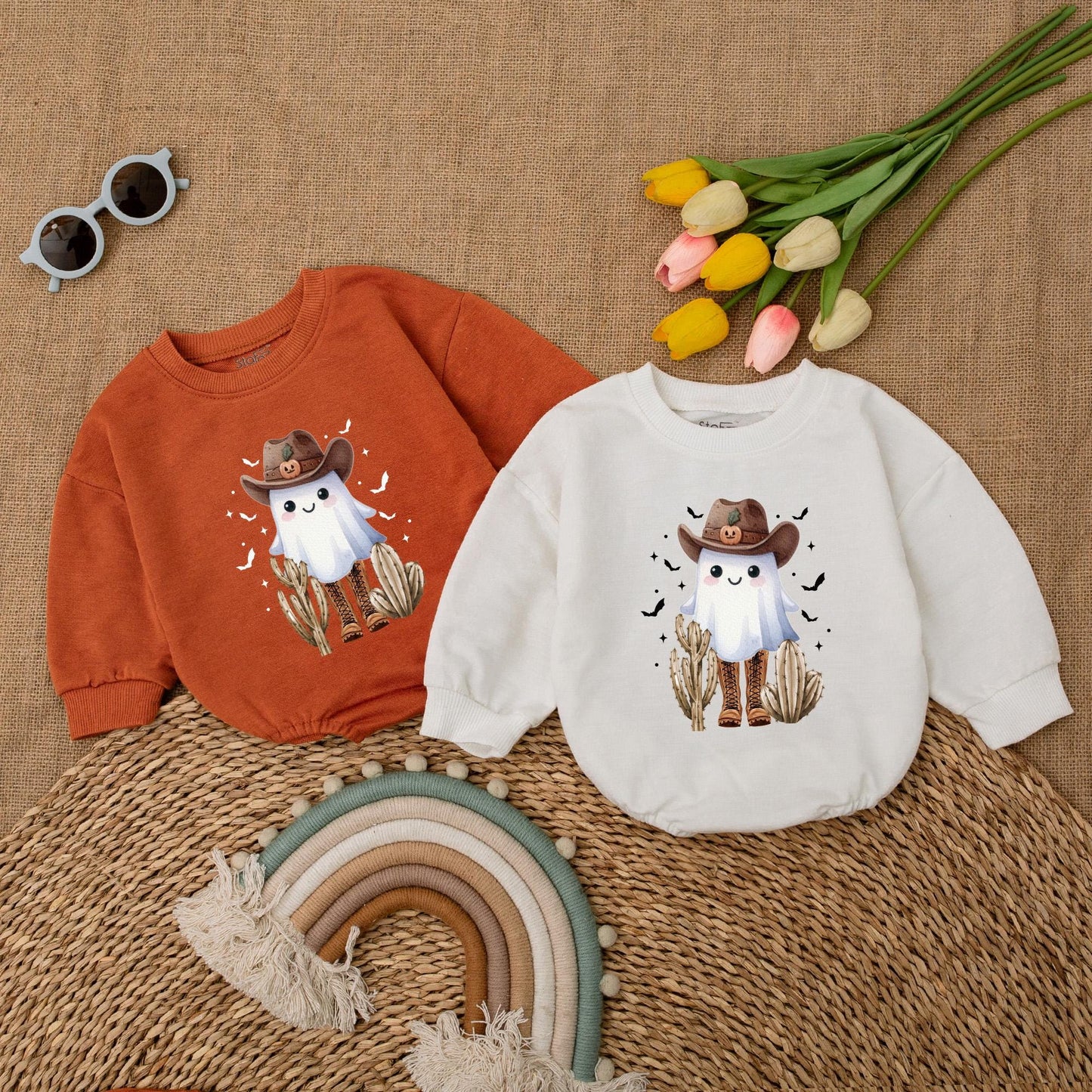Boot Scootin' Spooky Baby Romper Western Ghost Halloween Outfit with Cowboy Hat Jack-o-lantern Vintage Bubble Bodysuit First Halloween Gift