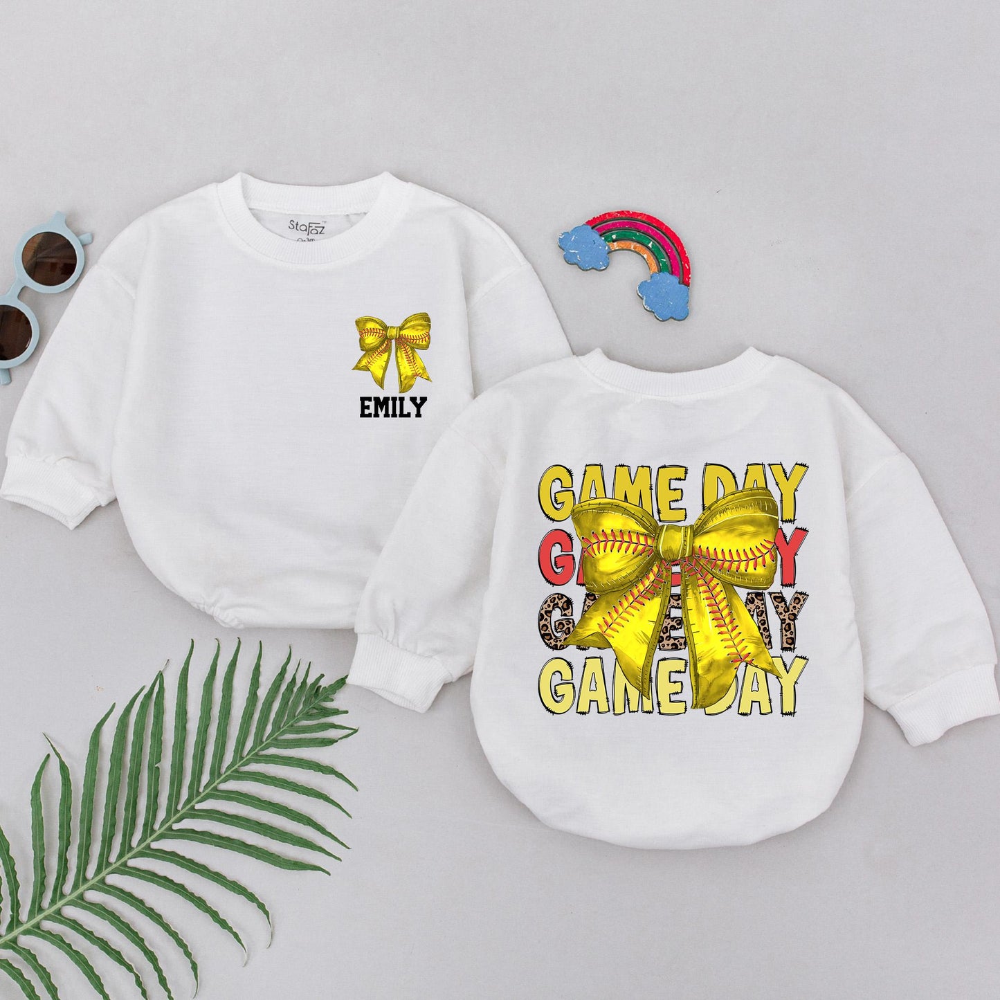 Softball Game Day Romper - Personalized Baby Outfit & Retro Bow