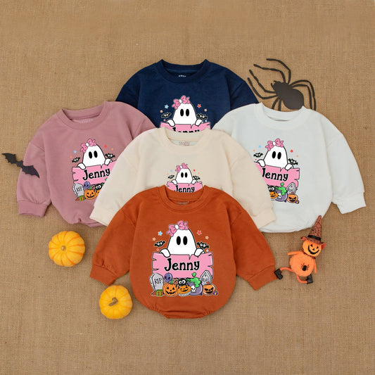 Personalized Ghost Romper My First Halloween Outfit, Cute Boo! Romper, Pink Bow Pumpkin Tombstone Bats Baby Girl Costume Shower Gift, Infant Outfit 138 char
