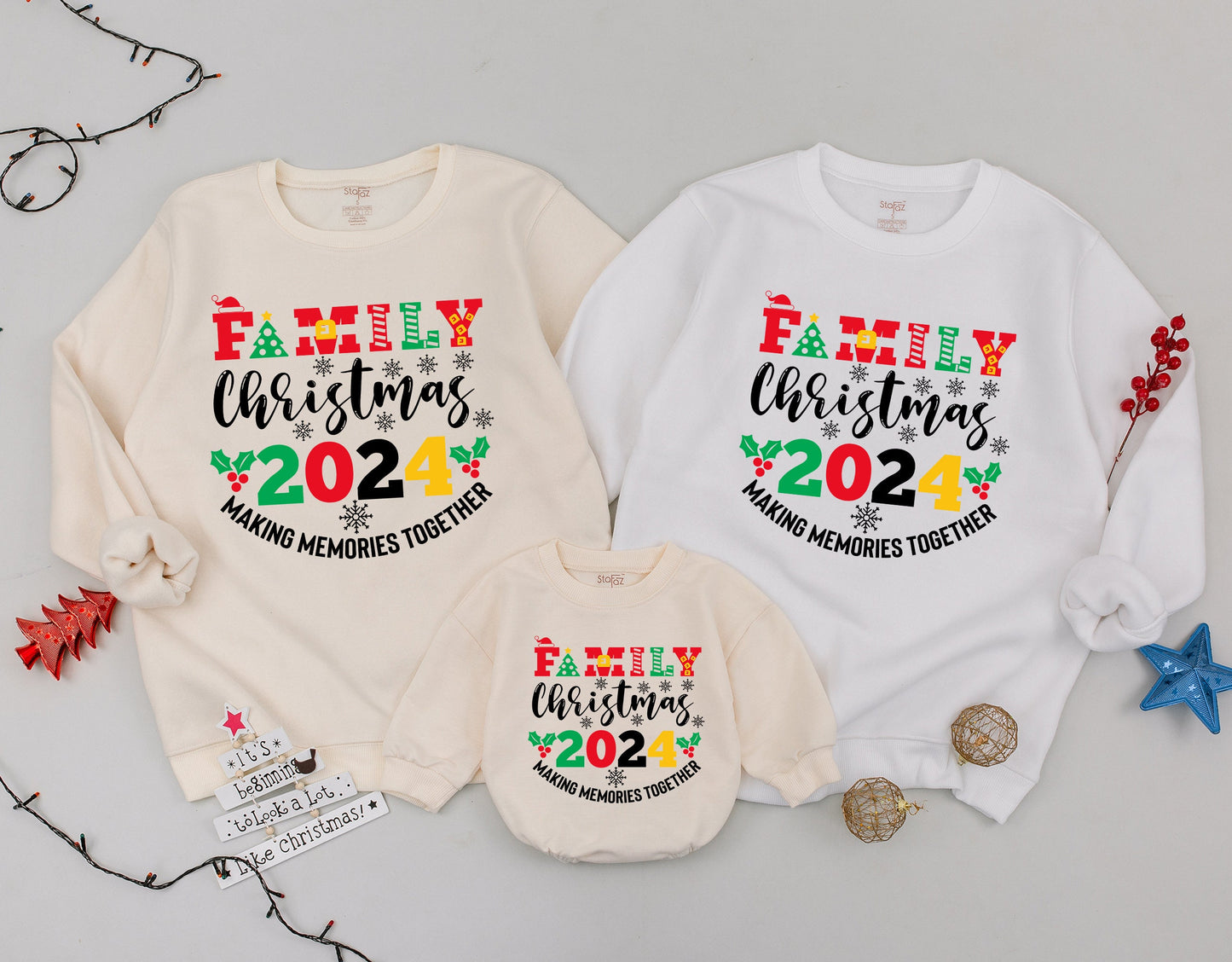Family Christmas 2024 Making Memories Together Matching Sweatshirt Outfit Festive Red Green Yellow Holiday for Baby Newborn & Family