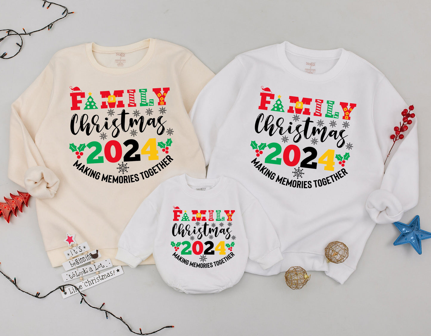 Family Christmas 2024 Making Memories Together Matching Sweatshirt Outfit Festive Red Green Yellow Holiday for Baby Newborn & Family
