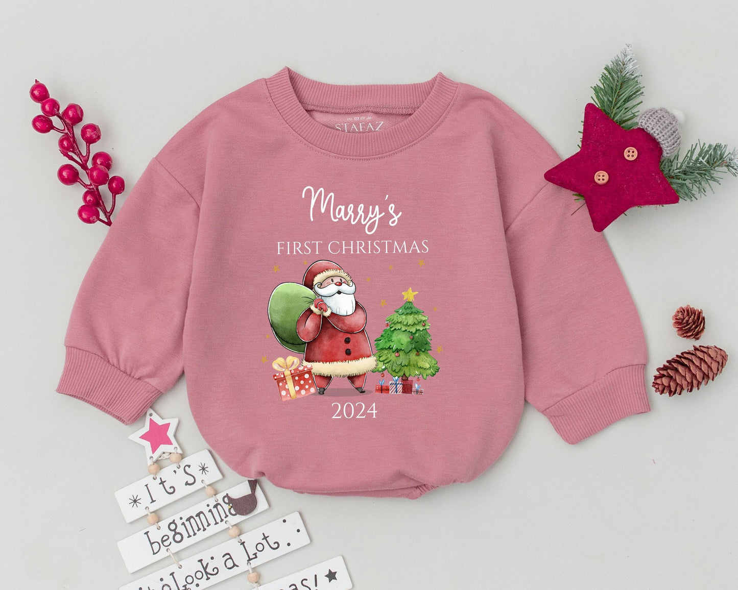 Vintage Santa Personalized Romper: First Christmas Baby Bodysuit
