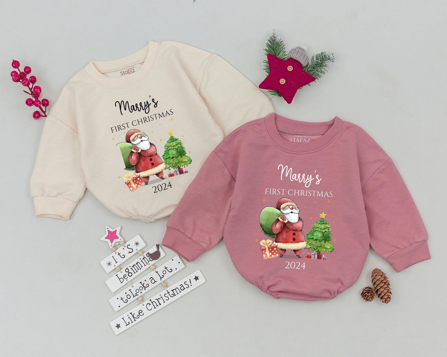 Vintage Santa Personalized Romper: First Christmas Baby Bodysuit