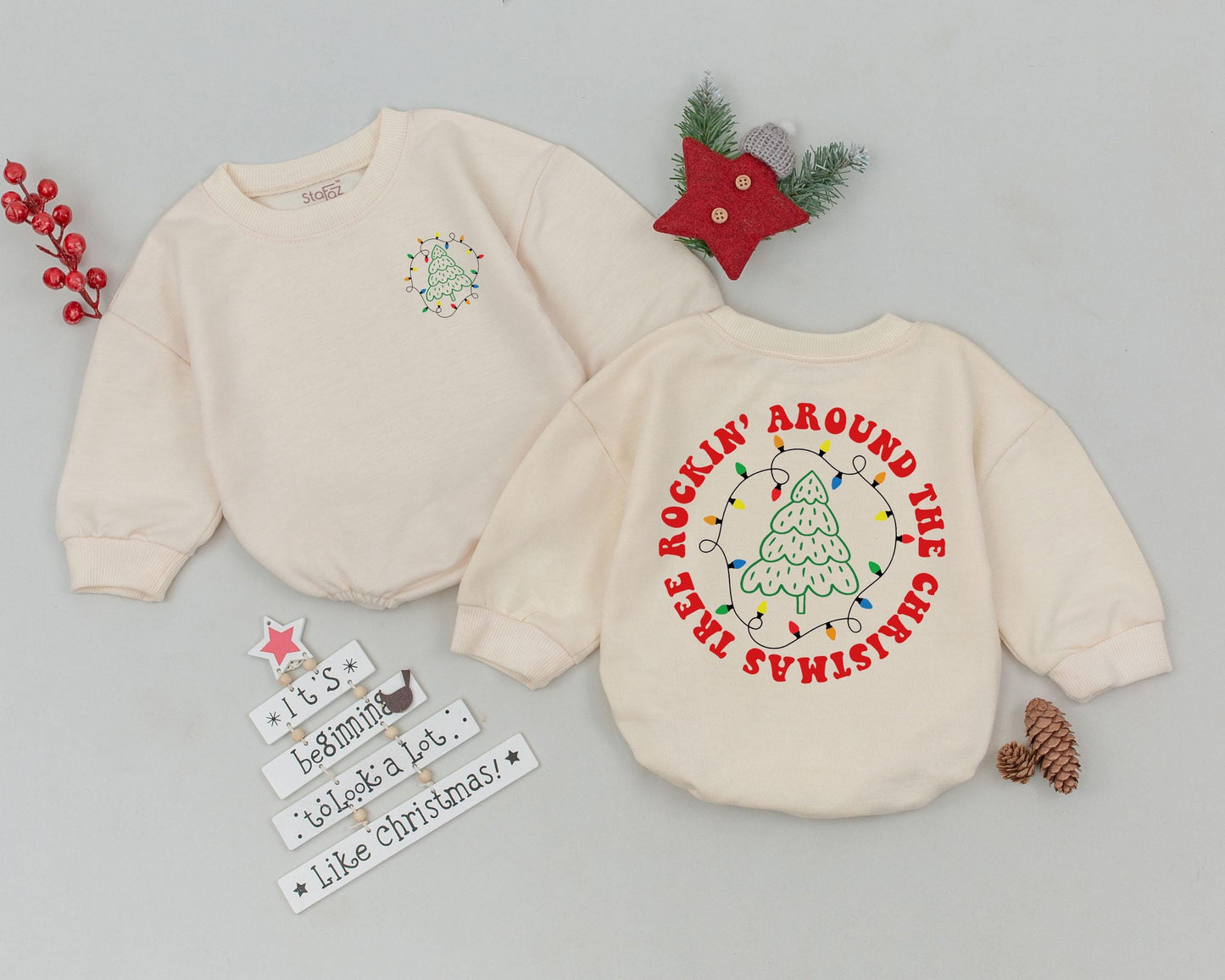 Rockin' Around The Christmas Tree Baby Bubble Romper Vintage First Christmas Gift Newborn Outfit Multi-Colored Lights