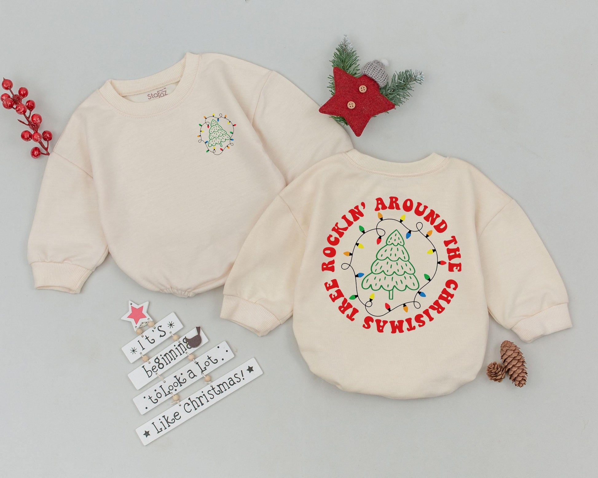 Rockin' Around The Christmas Tree Baby Bubble Romper Vintage First Christmas Gift Newborn Outfit Multi-Colored Lights