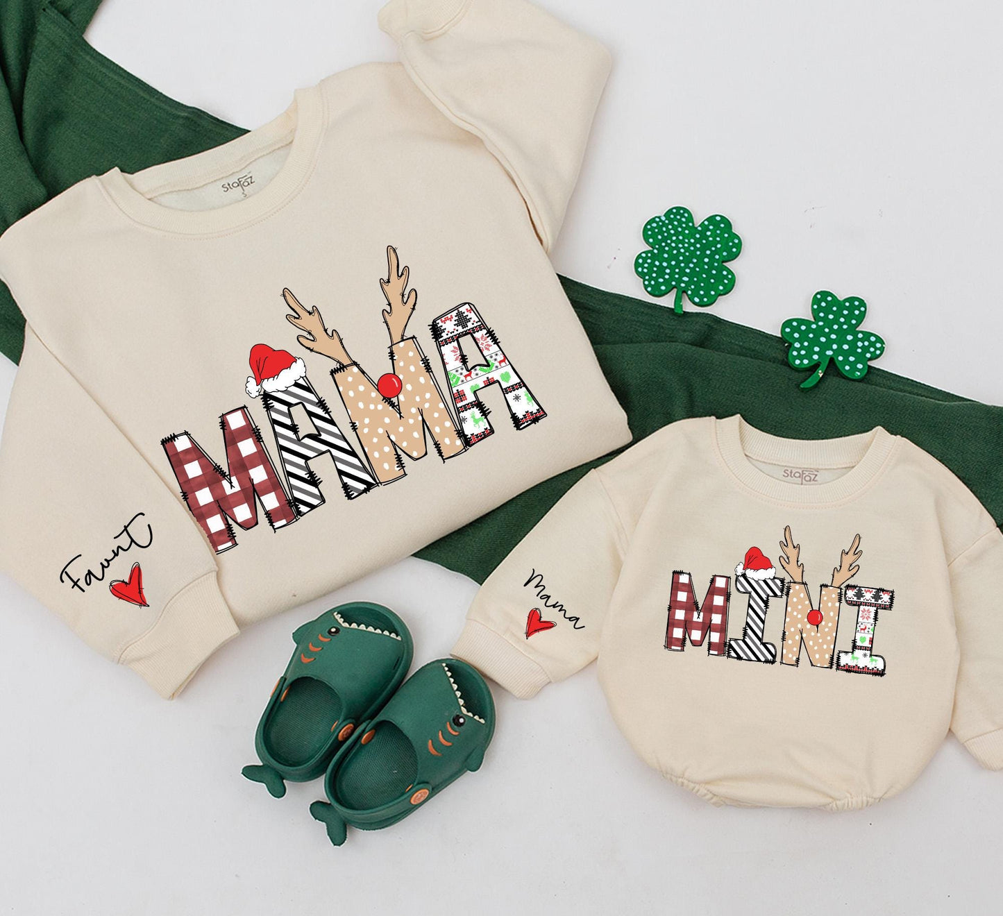 Festive Mama and Mini Sweatshirt Matching Christmas Outfits Buffalo Plaid Reindeer Antlers Santa Hat Playful Family Gift