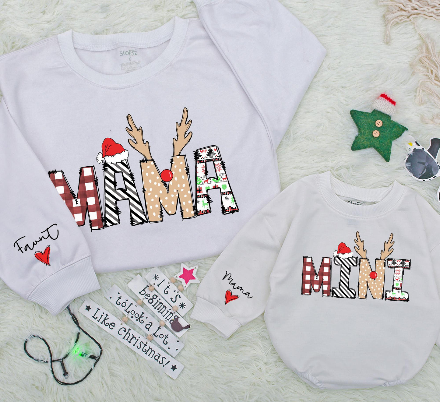 Festive Mama and Mini Sweatshirt Matching Christmas Outfits Buffalo Plaid Reindeer Antlers Santa Hat Playful Family Gift