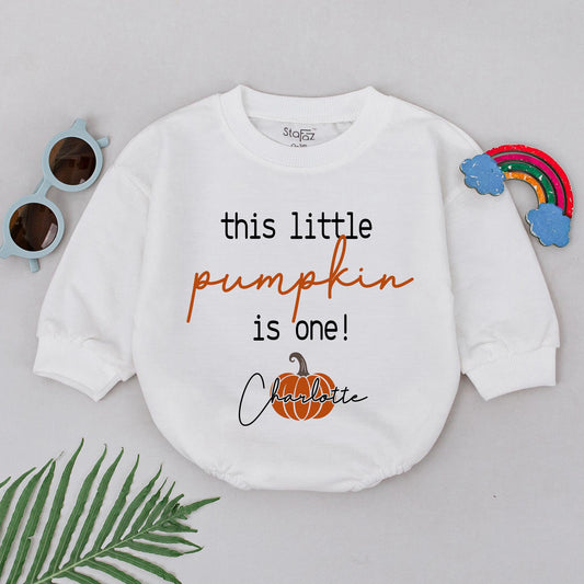 Personalized This Little Pumpkin Is One Romper Charlotte Baby Girl First Birthday Outfit Retro Thanksgiving Gift Shower