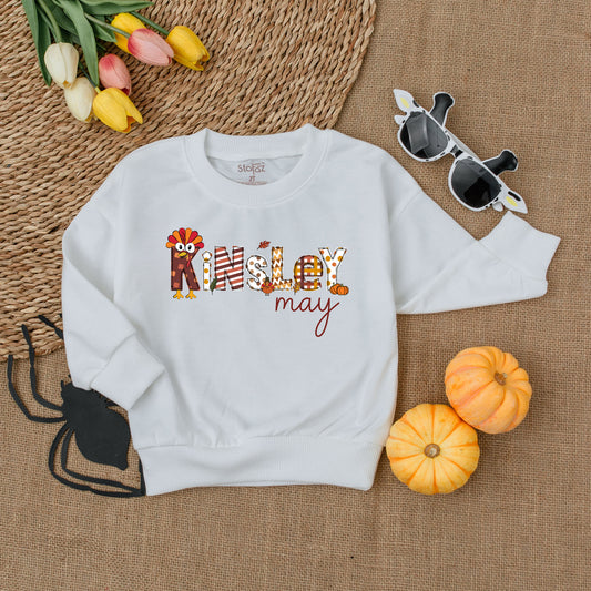 Personalized First Thanksgiving Toddler Sweatshirt, Decorative Fall Turkey Pumpkin Design Kid Outfit, Autumn Harvest Celebration Apparel