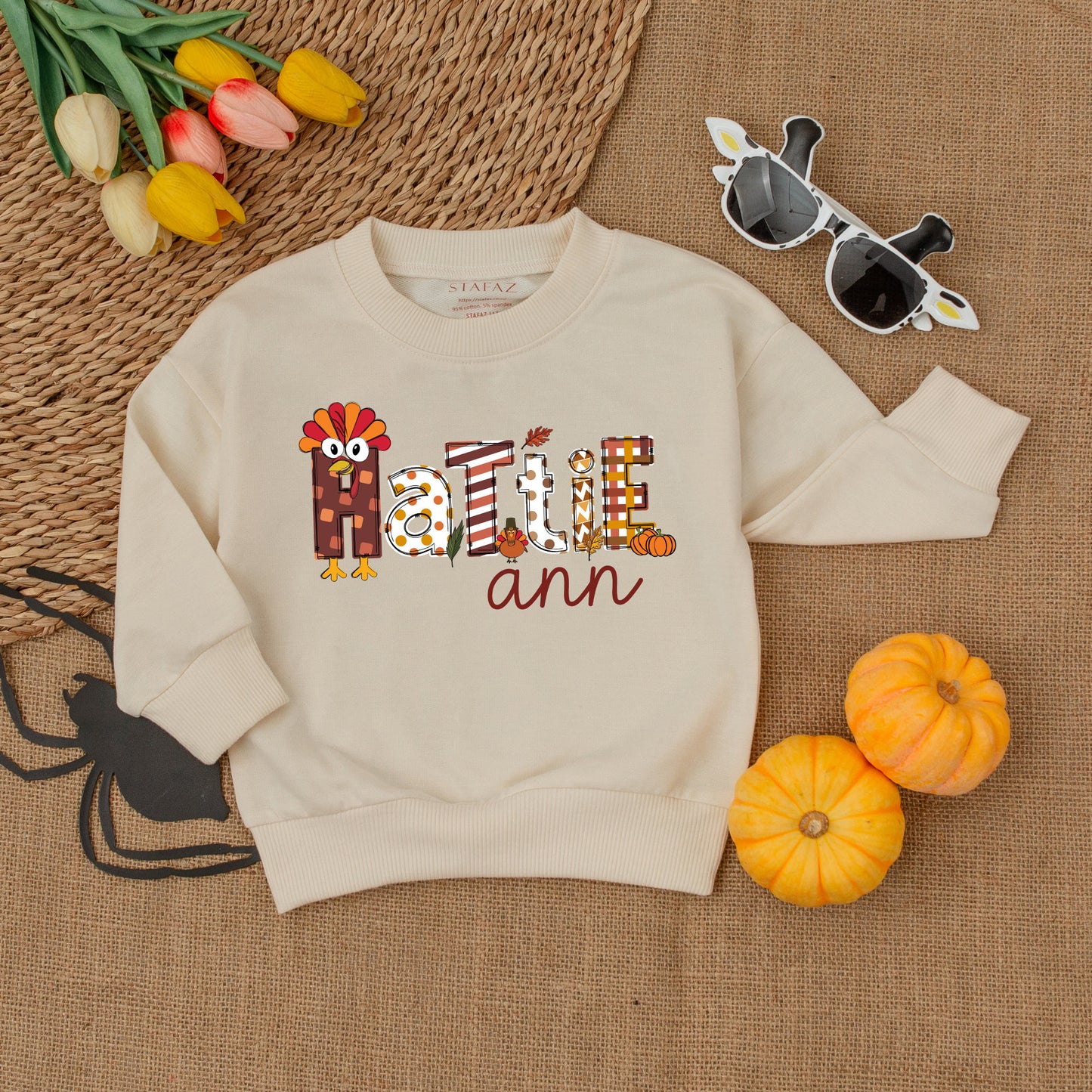 Personalized First Thanksgiving Toddler Sweatshirt, Decorative Fall Turkey Pumpkin Design Kid Outfit, Autumn Harvest Celebration Apparel