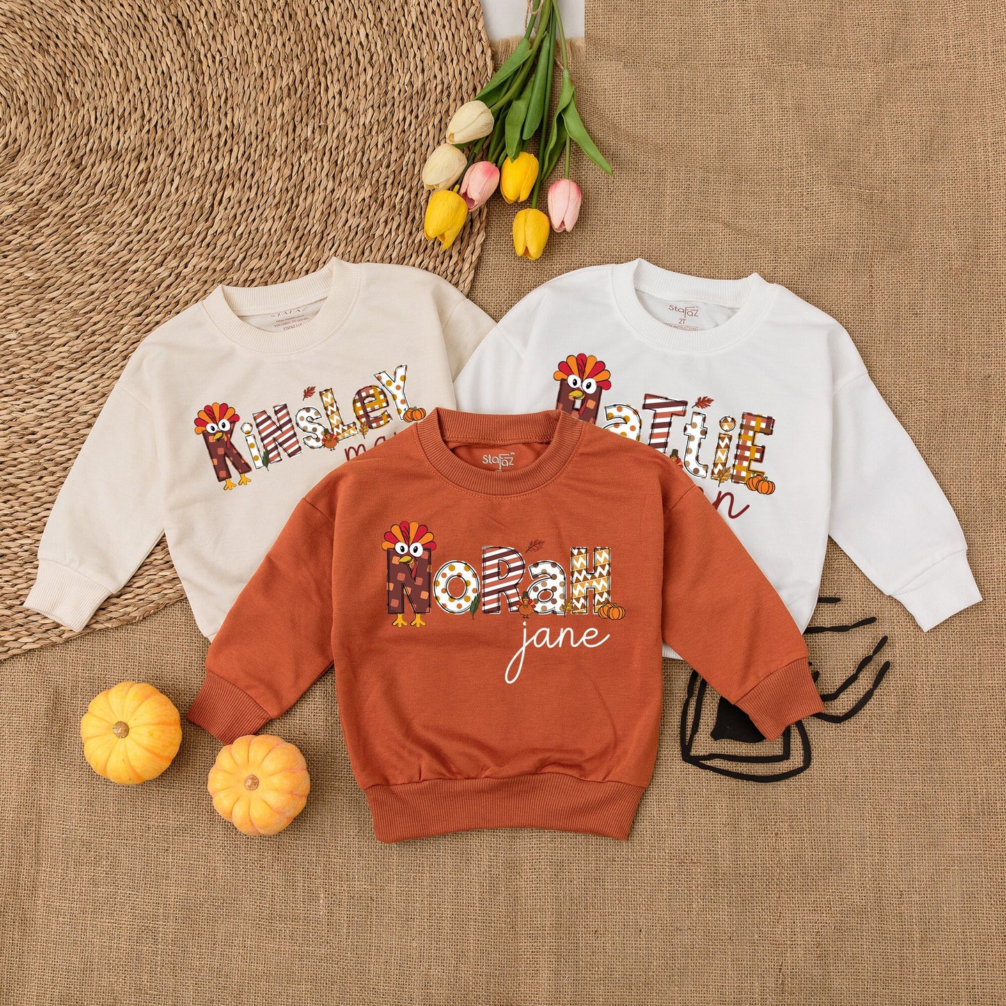 Personalized First Thanksgiving Toddler Sweatshirt, Decorative Fall Turkey Pumpkin Design Kid Outfit, Autumn Harvest Celebration Apparel