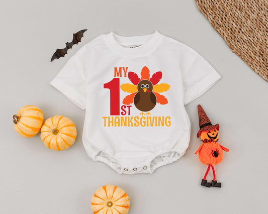 First Thanksgiving Bubble Romper - Pumpkin Truck & Turkey Day Outfit
