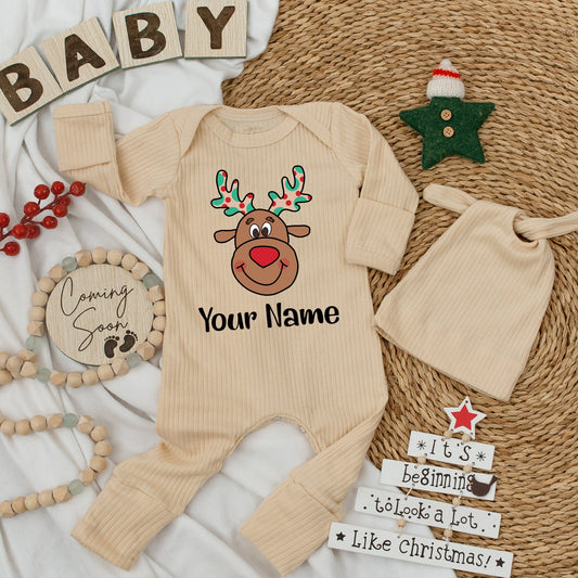 Personalized Baby Reindeer Name Christmas Romper Soft Long Sleeve Newborn Outfit Festive Cartoon Red Nose Antlers Polka Dot Boy Girl Gift