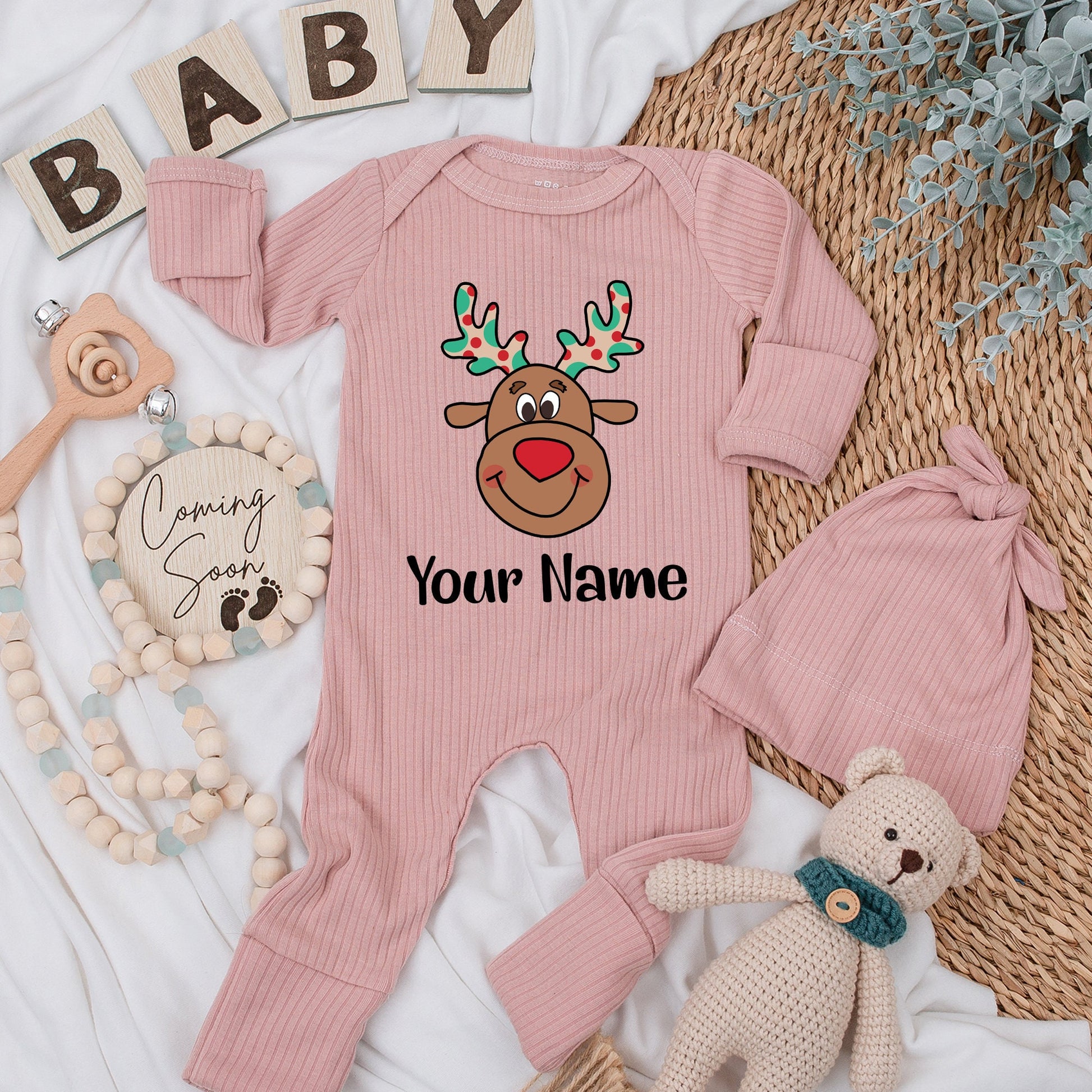 Personalized Baby Reindeer Name Christmas Romper Soft Long Sleeve Newborn Outfit Festive Cartoon Red Nose Antlers Polka Dot Boy Girl Gift