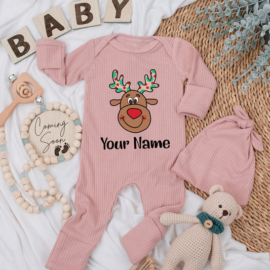Personalized Baby Reindeer Name Christmas Romper Soft Long Sleeve Newborn Outfit Festive Cartoon Red Nose Antlers Polka Dot Boy Girl Gift