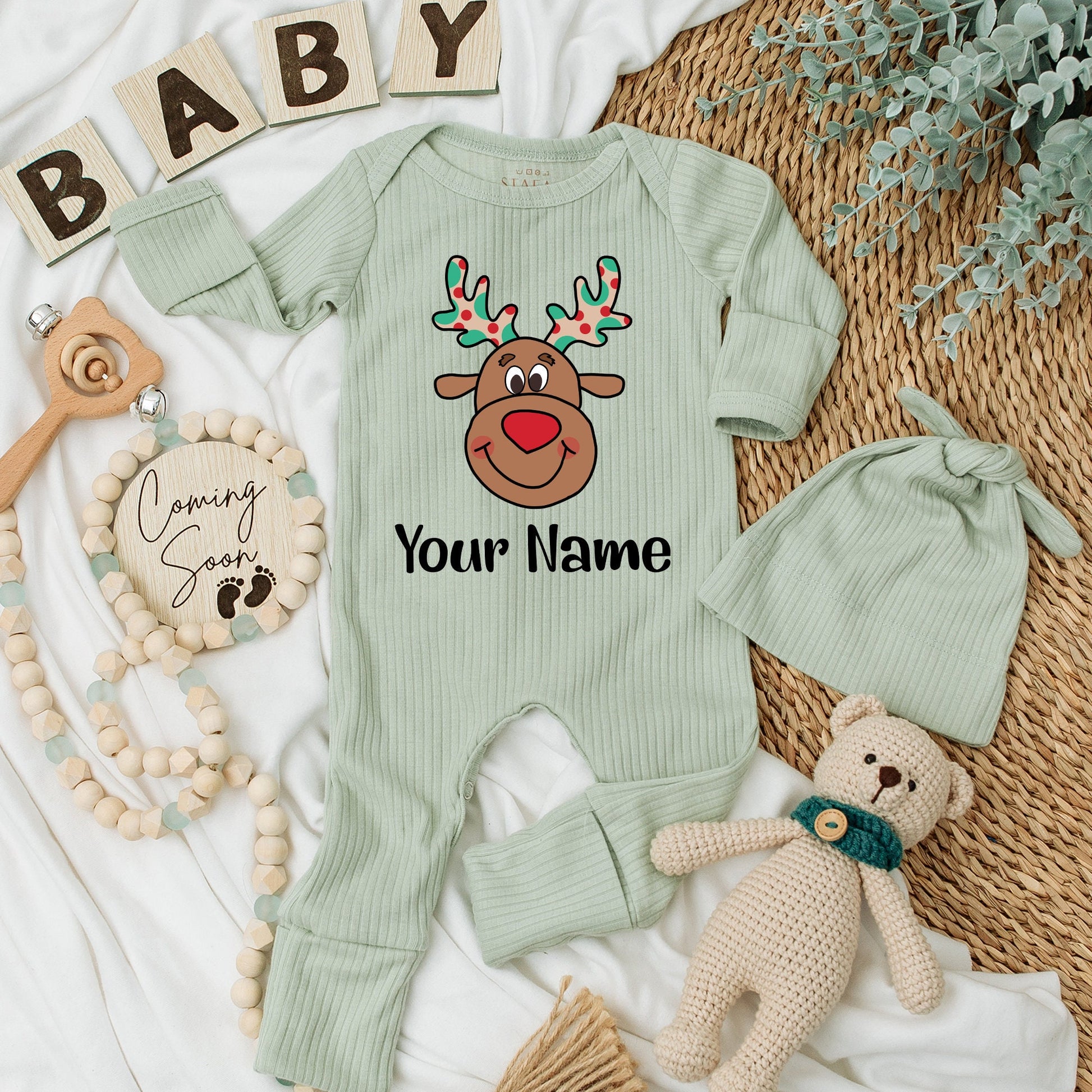 Personalized Baby Reindeer Name Christmas Romper Soft Long Sleeve Newborn Outfit Festive Cartoon Red Nose Antlers Polka Dot Boy Girl Gift